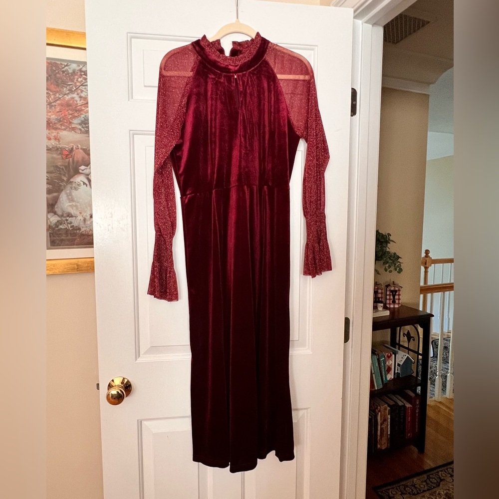 Burgundy Velvet Dress with sheer shimmer sleeves